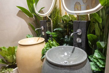 Lavabosu ve aynası olan bir banyo. Ayna bitkilerle çevrili ve lavabo taştan yapılmış.