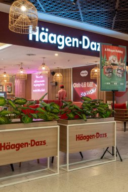 Bali, Endonezya - 17 Aralık 2024: Bali 'deki Icon Bali Alışveriş Merkezi. Haagen-Dazs mağazasının parlak pembe ve beyaz bir renk şeması var, dışarıya birkaç saksı ve sandalye yerleştirilmiş..