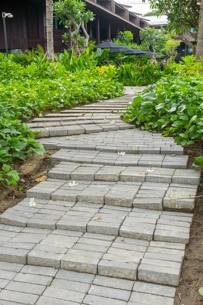 Yeşil bitkilerden oluşan bir yolu olan tuğla yürüyüş yolu bir binaya çıkıyor. Bitkiler yemyeşil ve yemyeşil. Geçit de tuğladan yapılmış.