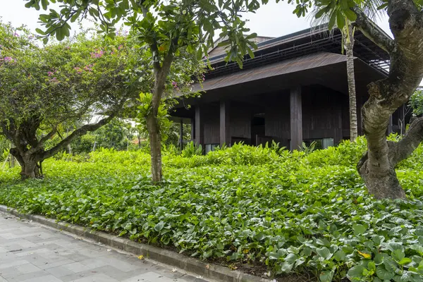 Önünde büyük yeşil bir ağaç olan ev. Ev yemyeşil bir bahçeyle çevrili.