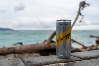 Gili Trawangan, Endonezya - 4 Ocak 2025: Schweppes sodası su kenarındaki bir kayanın üzerinde duruyor. Kutu gümüşten ve üzerinde sarı bir şerit var. Görüntüde sakin ve rahat bir ruh hali var.
