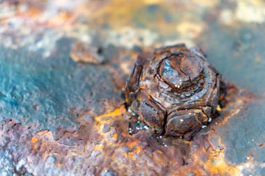 Paslı cıvata bir metal parçasına oturur. Cıvata çok fazla pas ile çevrili ve yıpranmış görünüyor. Çürüme ve terk edilme kavramı, yıldırımın paslanması gibi.