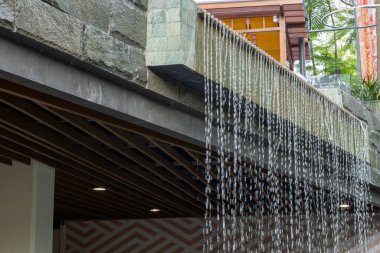 Şelale taştan bir duvardan aşağı akıyor. Su beyaz ve berrak ve bir çeşmeden geliyor gibi görünüyor. Huzurlu ve huzurlu bir sahne.