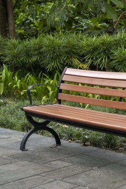 Tahta bank bir çalılığın önünde duruyor. Banklar boş, çalılar yeşil.