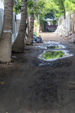 Su birikintileri ve arka planda duvar olan kirli bir yol. Manzara kasvetli ve ıssız.