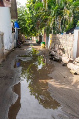Su birikintileri ve arka planda duvar olan kirli bir yol. Manzara kasvetli ve ıssız.