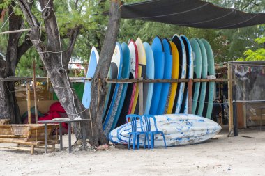 Gili, Lombok, Endonezya - 3 Ocak 2025: Bir grup sörf tahtası bir ağaca yığılmış. Sörf tahtaları farklı renk ve boyutlarda.