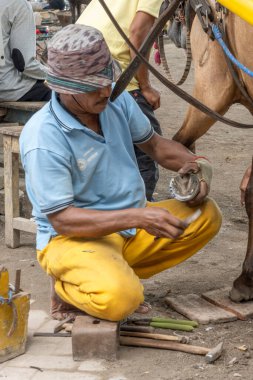 Gili, Lombok, Endonezya - 3 Ocak 2025: Adam at toynağı üzerinde çalışıyor. At bir arabaya bağlıdır. Adam sarı gömlek ve pantolon giyiyor.