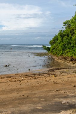 Arka planda su birikintisi olan plaj. Su sakin ve kumsal kumlu.