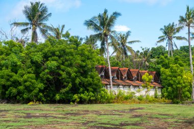 Arka planda bir sürü ağaç olan ev. Ev beyaz ve bir sürü kahverengi kiremitleri var.