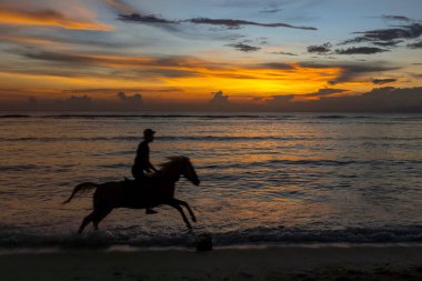 Gün batımında sahilde ata binen bir insan. Gökyüzü mavi ve turuncunun bir karışımıdır ve su sakindir. Huzurlu ve huzurlu bir sahne.