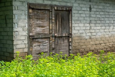Arkasında tuğla duvar olan ahşap bir kapı. Kapı eski ve üzerinde bir sürü odun var. Duvar tuğladan yapılmış ve üzerinde bir sürü yeşil bitki yetişiyor.
