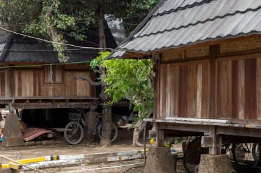 Sazdan çatılı küçük bir ev tarlada duruyor. Ev ağaçlarla çevrili ve ahşap bir zemini var.