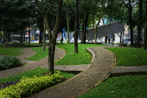 Jakarta, Endonezya - 30 Ocak 2025: Parktaki patika yeşil bitkiler ve ağaçlarla çevrilidir. Yol kıvrımlı ve taştan bir sınırı var.