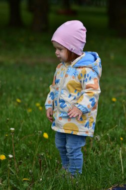 Konsantre olmuş kot pantolonlu küçük kız soğuk baharda parkta yürüyor. Küçük kız parkta doğayı keşfediyor..