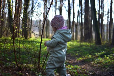 Küçük kız ormandaki çalılara paskalya yumurtası süslemesi asıyor. Küçük kız parkta paskalya yumurtası süslemeleriyle oynuyor. Çocukların Paskalya tatiline hazırlanması kavramı.