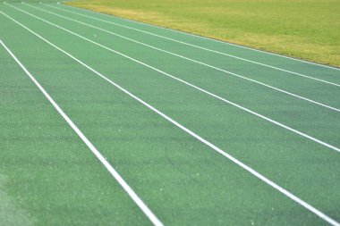 Beyaz çizgileri ve sağ tarafında yeşil çimenler olan yeşil koşu pisti. Okul stadyumu spor pisti.