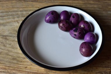 Ahşap bir masanın üzerinde mor bıldırcın yumurtaları olan bir kase. Menekşe desenli bıldırcın yumurtalarının kabuklu görüntüsü. Ahşap bir arka planda bir kase küçük noktalı yumurta. Kasede Paskalya yumurtası.