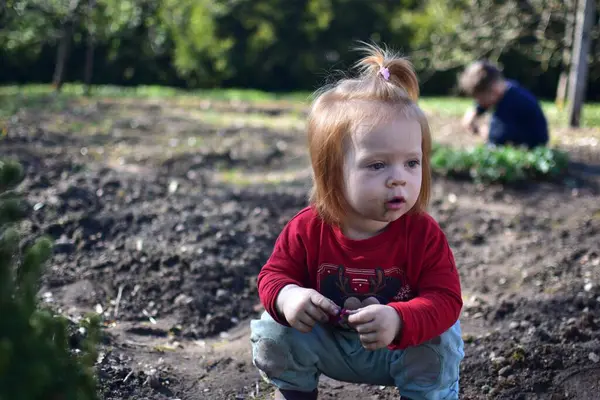 Yavru kız baharda arka bahçede toprakla oynuyor. Güneşli bir günde toprağın altında oynayan edepsiz görünümlü bir kız. Arka plandaki kardeş..