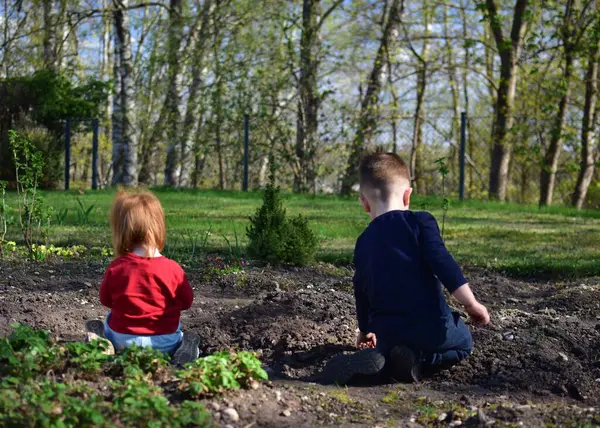 Küçük bir çocuk ve küçük bir kız, baharda arka bahçedeki toprakla oynuyorlar. Kirli kardeşler güneşli bir günde toprakta oynuyorlar..