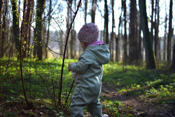 Küçük kız ormandaki çalılara paskalya yumurtası süslemesi asıyor. Küçük kız parkta paskalya yumurtası süslemeleriyle oynuyor. Çocukların Paskalya tatiline hazırlanması kavramı.
