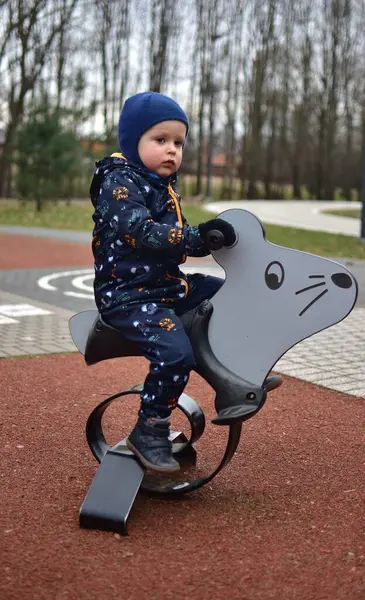 Küçük çocuk baharda çocuk parkında fare salıncağında oturuyor. Çocuk parkta sallanırken eğleniyor..