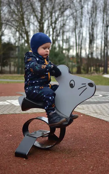 Küçük çocuk baharda çocuk parkında fare salıncağında oturuyor. Çocuk parkta sallanırken eğleniyor..