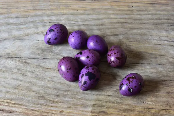 Ahşap arka planda sekiz mor bıldırcın yumurtası. Kabuklu bıldırcın yumurtalarının üst görüntüsü. Ahşap arka planda küçük benekli Paskalya yumurtaları.