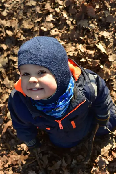 Küçük çocuk gülümsüyor, ağaçların dallarıyla oynuyor, ağaçların dallarıyla oynuyor ve güneşli bir sonbahar gününde, devrilmiş yaprakların arasında parkta oturuyor. Çocuk hayal gücünü kullanarak dışarıda eğleniyor..