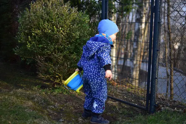 Mavi kabuklu bebek, metal tel çitlerden bakıyor ve güneşli bir bahar gününde elinde kovayla bahçeye bakıyor..
