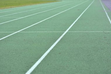 Beyaz çizgileri olan yeşil koşu pisti. Sağ tarafta patika, sol tarafta yeşil çim..