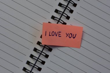 Not: Sevgililer günü için pembe notta seni seviyorum. Not defterinin arkaplanı açık.