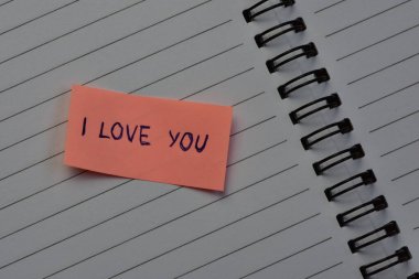 Not: Sevgililer günü için pembe notta seni seviyorum. Not defterinin arkaplanı açık.