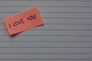 Not defteri arkaplanındaki sevgililer günü için pembe yapışkan notta seni sevdiğimi söyle.