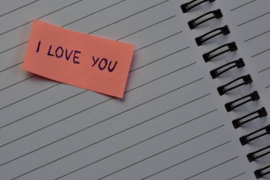 Not: Sevgililer günü için pembe notta seni seviyorum. Not defterinin arkaplanı açık.