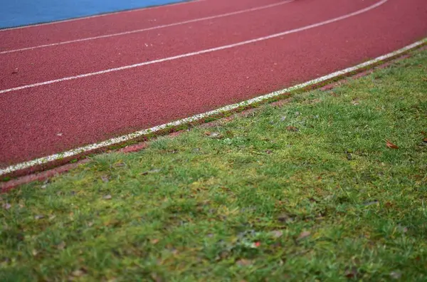 Sol tarafta mavi spor sahası ve sağ tarafta yeşil çimenler olan kırmızı koşu eğrisi.
