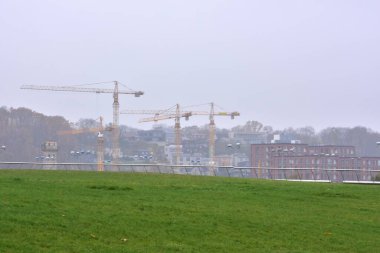 Sisli bir günde, uzaktaki dört inşaat alanı vinci