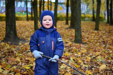 Küçük çocuk sonbahar yapraklarıyla dolu parkta duruyor ve elinde kuru bir ağaç dalı tutuyor.