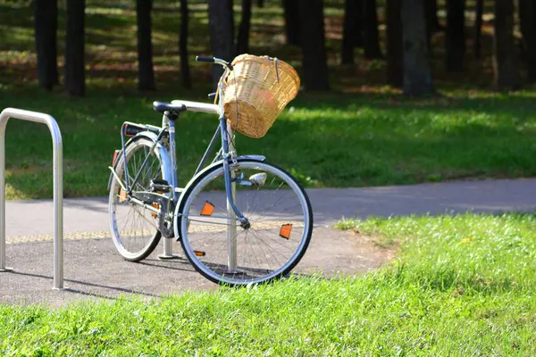 Parkta duran gidonun üzerinde sepeti olan klasik bir bisiklet..
