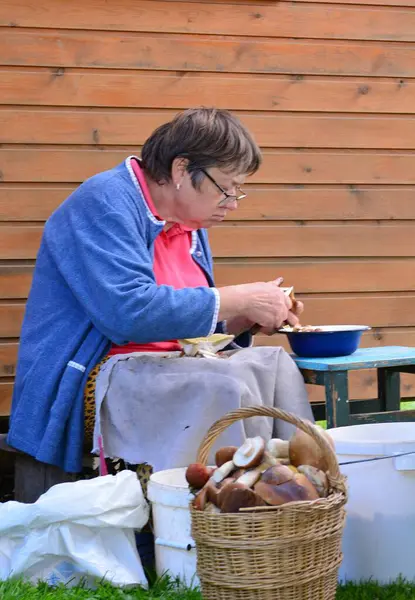 Yaşlı kadın kırsal bölgede oturuyor ve mantar temizliyor. Temizlenmeyi bekleyen bir sepet taze mantar..