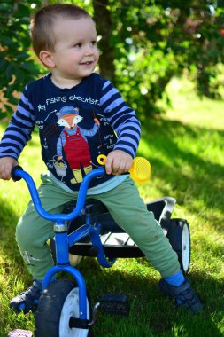 Arka bahçede mavi üç tekerlekli bisikletin üzerinde oturan mutlu çocuk. Yazın üç tekerlekli bisiklete binen küçük çocuk..