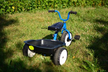 Bagajı dışarıda duran mavi üç tekerlekli bisiklet. Yalnız bırakılmış üç tekerlekli bisiklet Yazın çimlerin üzerinde sandıkla.