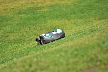 Çimenli bir tepede çalışan otonom bir robot çim biçme makinesi. Çimenlik bakımı için akıllı bahçe teknolojisi. Modern peyzaj ve açık hava bakımı için çevre dostu, zaman tasarrufu çözümü.