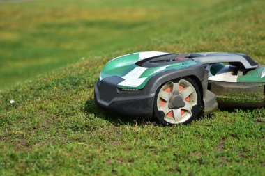 Çimenli bir tepede çalışan otonom bir robot çim biçme makinesi. Çimenlik bakımı için akıllı bahçe teknolojisi. Modern peyzaj ve açık hava bakımı için çevre dostu, zaman tasarrufu çözümü.