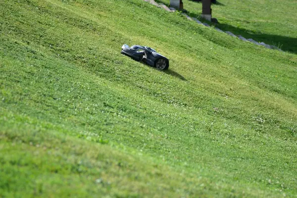 Çimenli bir tepede çalışan otonom bir robot çim biçme makinesi. Çimenlik bakımı için akıllı bahçe teknolojisi. Modern peyzaj ve açık hava bakımı için çevre dostu, zaman tasarrufu çözümü.
