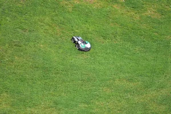 Çimenli bir tepede çalışan otonom bir robot çim biçme makinesi. Çimenlik bakımı için akıllı bahçe teknolojisi. Modern peyzaj ve açık hava bakımı için çevre dostu, zaman tasarrufu çözümü.