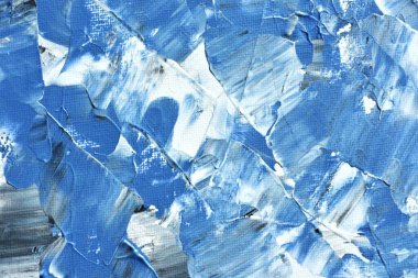 Mavi, siyah ve beyaz tonlarda soyut desenli resim. Ekspres fırça darbeleri ve modern akrilik tasarımı olan sanatsal arkaplan.