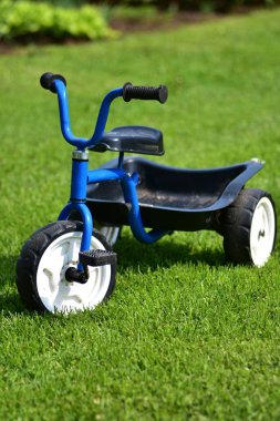 Bagajlı mavi üç tekerlekli bisiklet. Üç tekerlekli bisiklet, kırsal kesimdeki çimlerin üzerinde. Kimse yok.