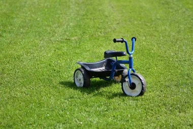 Bagajlı mavi üç tekerlekli bisiklet. Üç tekerlekli bisiklet, kırsal kesimdeki çimlerin üzerinde. Kimse yok.
