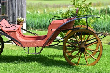 Parlak güneş ışığıyla yeşil çimlerin üzerinde klasik ahşap bir at arabasının yan görüntüsü. Tarihsel ulaşım kırsal alanda güzelce korunmuş..